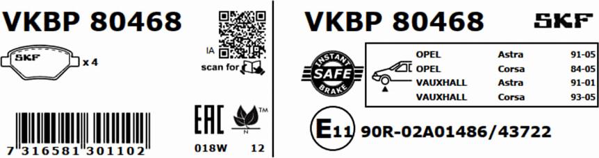 SKF VKBP 80468 - Тормозные колодки, дисковые, комплект autospares.lv