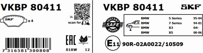 SKF VKBP 80411 - Тормозные колодки, дисковые, комплект autospares.lv