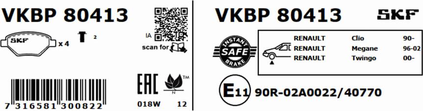 SKF VKBP 80413 - Тормозные колодки, дисковые, комплект autospares.lv