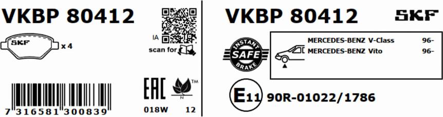 SKF VKBP 80412 - Тормозные колодки, дисковые, комплект autospares.lv