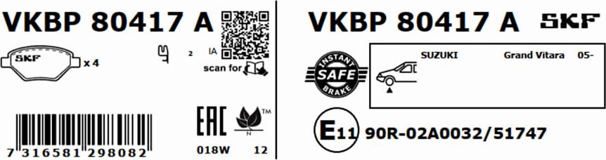 SKF VKBP 80417 A - Тормозные колодки, дисковые, комплект autospares.lv