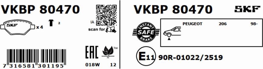 SKF VKBP 80470 - Тормозные колодки, дисковые, комплект autospares.lv