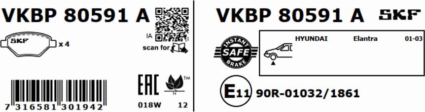 SKF VKBP 80591 A - Тормозные колодки, дисковые, комплект autospares.lv