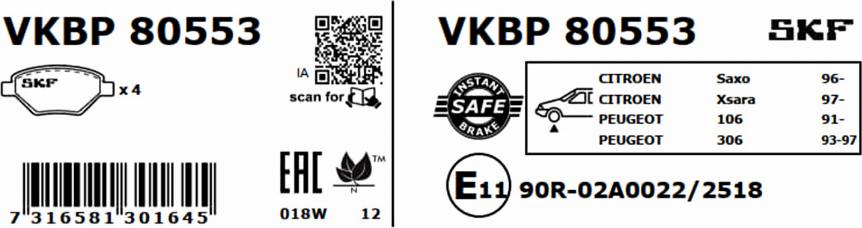 SKF VKBP 80553 - Тормозные колодки, дисковые, комплект autospares.lv