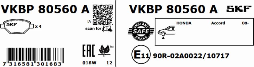 SKF VKBP 80560 A - Тормозные колодки, дисковые, комплект autospares.lv