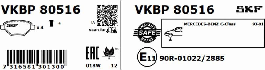 SKF VKBP 80516 - Тормозные колодки, дисковые, комплект autospares.lv