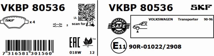 SKF VKBP 80536 - Тормозные колодки, дисковые, комплект autospares.lv