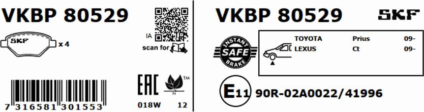 SKF VKBP 80529 - Тормозные колодки, дисковые, комплект autospares.lv