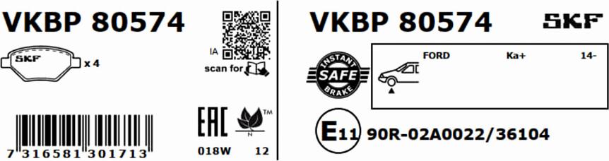 SKF VKBP 80574 - Тормозные колодки, дисковые, комплект autospares.lv