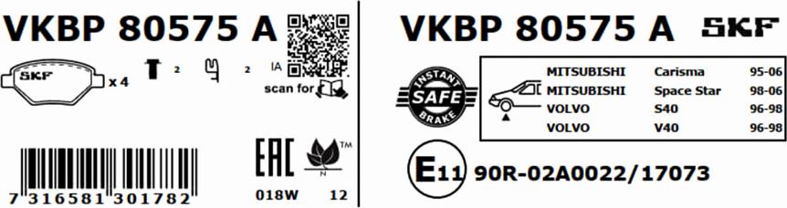 SKF VKBP 80575 A - Тормозные колодки, дисковые, комплект autospares.lv