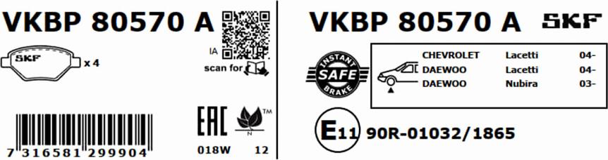 SKF VKBP 80570 A - Тормозные колодки, дисковые, комплект autospares.lv