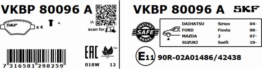 SKF VKBP 80096 A - Тормозные колодки, дисковые, комплект autospares.lv