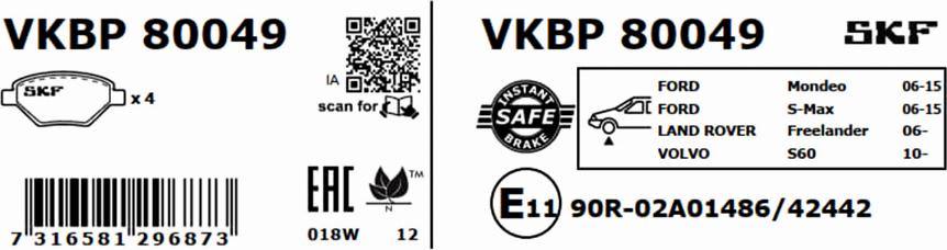 SKF VKBP 80049 - Тормозные колодки, дисковые, комплект autospares.lv