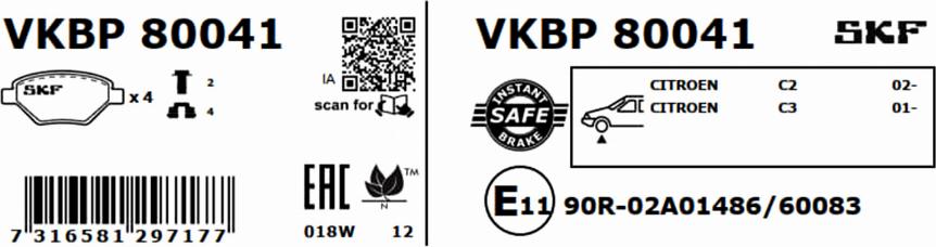 SKF VKBP 80041 - Тормозные колодки, дисковые, комплект autospares.lv