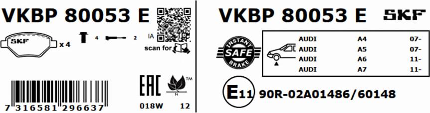 SKF VKBP 80053 E - Тормозные колодки, дисковые, комплект autospares.lv