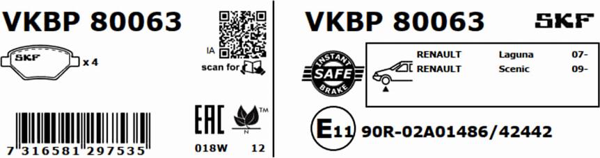 SKF VKBP 80063 - Тормозные колодки, дисковые, комплект autospares.lv