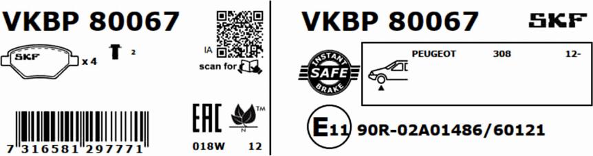 SKF VKBP 80067 - Тормозные колодки, дисковые, комплект autospares.lv