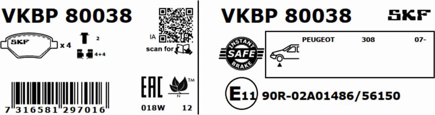 SKF VKBP 80038 - Тормозные колодки, дисковые, комплект autospares.lv