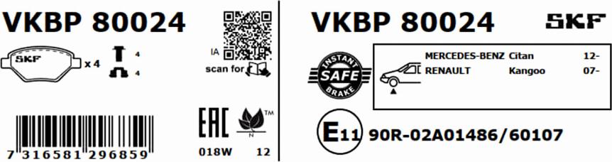 SKF VKBP 80024 - Тормозные колодки, дисковые, комплект autospares.lv