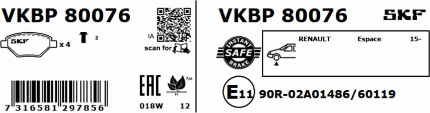 SKF VKBP 80076 - Тормозные колодки, дисковые, комплект autospares.lv