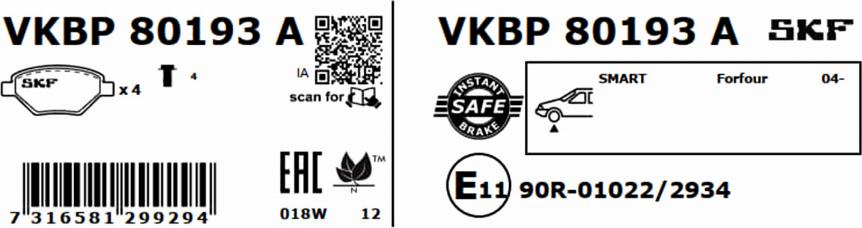 SKF VKBP 80193 A - Тормозные колодки, дисковые, комплект autospares.lv