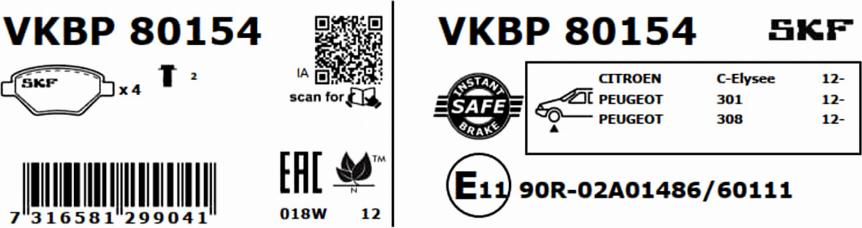 SKF VKBP 80154 - Тормозные колодки, дисковые, комплект autospares.lv