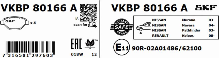 SKF VKBP 80166 A - Тормозные колодки, дисковые, комплект autospares.lv