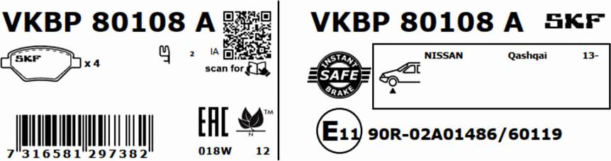 SKF VKBP 80108 A - Тормозные колодки, дисковые, комплект autospares.lv