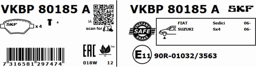 SKF VKBP 80185 A - Тормозные колодки, дисковые, комплект autospares.lv