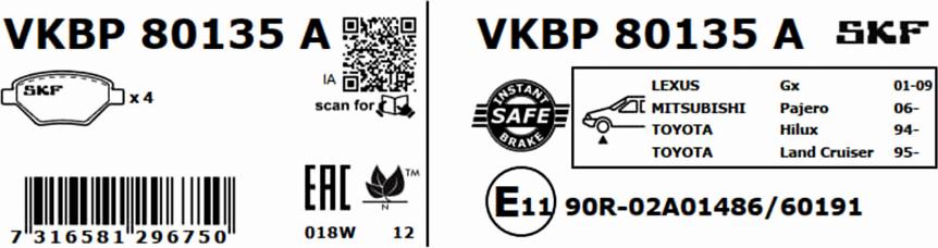 SKF VKBP 80135 A - Тормозные колодки, дисковые, комплект autospares.lv