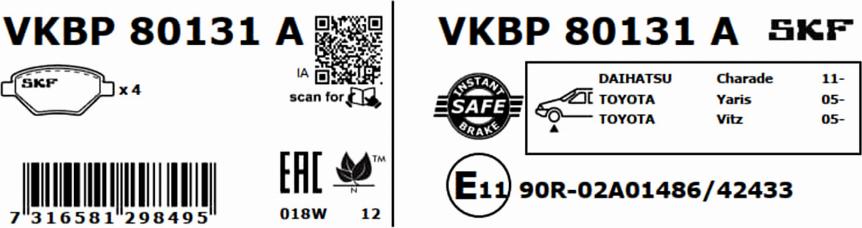 SKF VKBP 80131 A - Тормозные колодки, дисковые, комплект autospares.lv