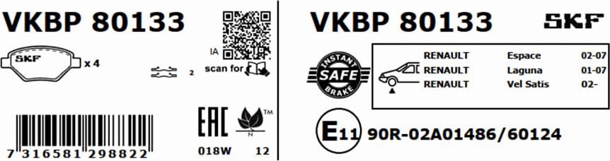 SKF VKBP 80133 - Тормозные колодки, дисковые, комплект autospares.lv