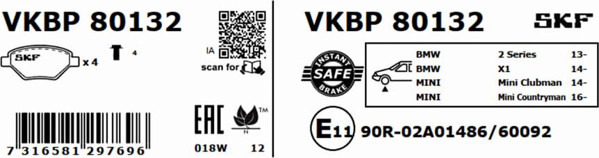 SKF VKBP 80132 - Тормозные колодки, дисковые, комплект autospares.lv