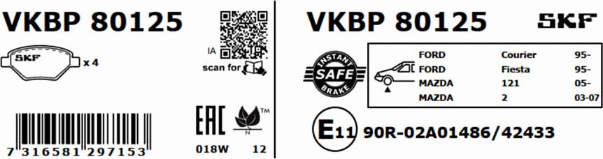 SKF VKBP 80125 - Тормозные колодки, дисковые, комплект autospares.lv