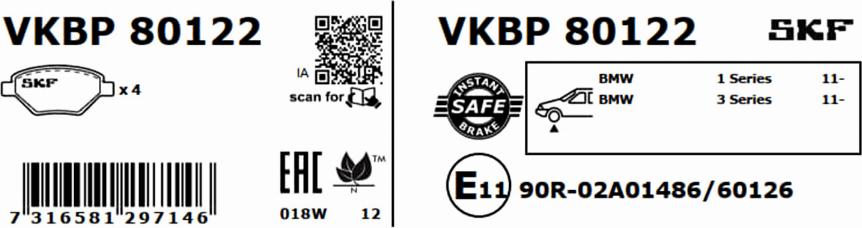 SKF VKBP 80122 - Тормозные колодки, дисковые, комплект autospares.lv