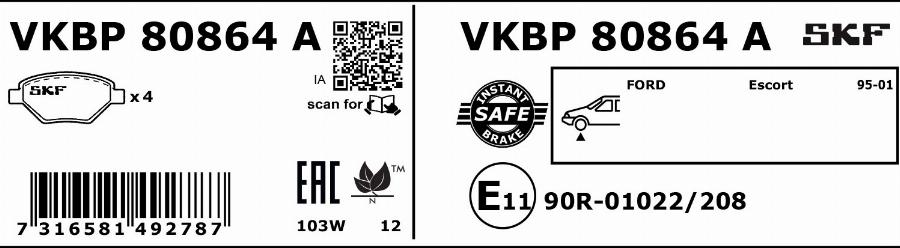 SKF VKBP 80864 A - Тормозные колодки, дисковые, комплект autospares.lv