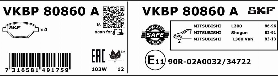 SKF VKBP 80860 A - Тормозные колодки, дисковые, комплект autospares.lv