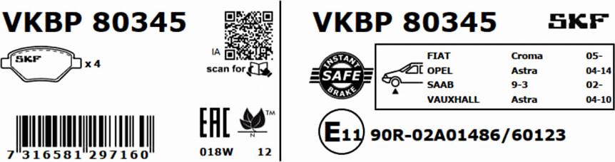 SKF VKBP 80345 - Тормозные колодки, дисковые, комплект autospares.lv