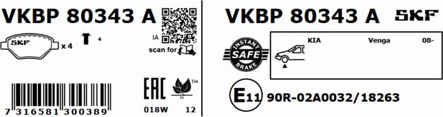 SKF VKBP 80343 A - Тормозные колодки, дисковые, комплект autospares.lv