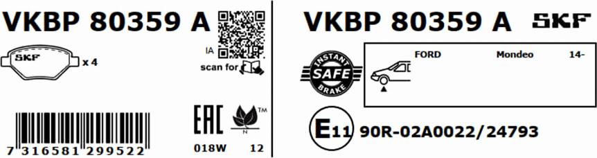 SKF VKBP 80359 A - Тормозные колодки, дисковые, комплект autospares.lv