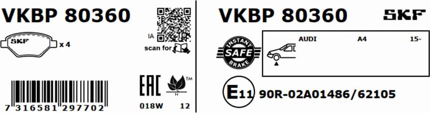 SKF VKBP 80360 - Тормозные колодки, дисковые, комплект autospares.lv