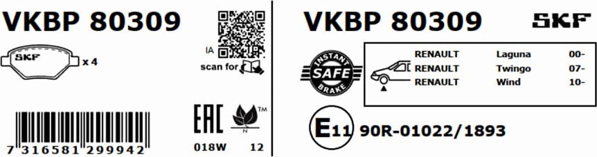 SKF VKBP 80309 - Тормозные колодки, дисковые, комплект autospares.lv