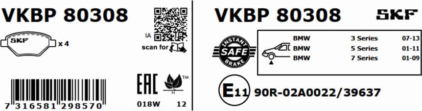 SKF VKBP 80308 - Тормозные колодки, дисковые, комплект autospares.lv