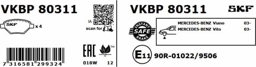 SKF VKBP 80311 - Тормозные колодки, дисковые, комплект autospares.lv