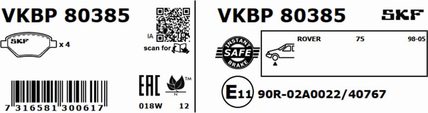 SKF VKBP 80385 - Тормозные колодки, дисковые, комплект autospares.lv