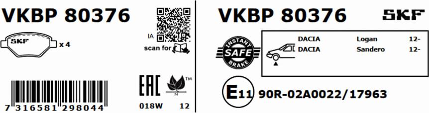 SKF VKBP 80376 - Тормозные колодки, дисковые, комплект autospares.lv