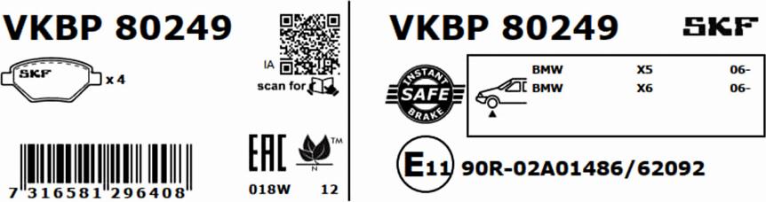 SKF VKBP 80249 - Тормозные колодки, дисковые, комплект autospares.lv