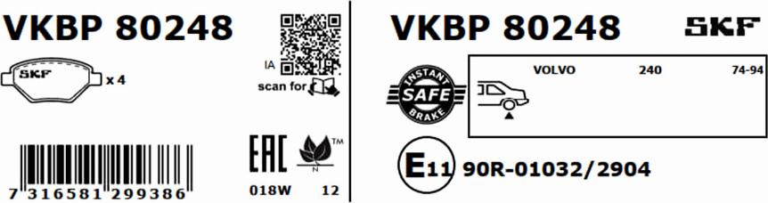 SKF VKBP 80248 - Тормозные колодки, дисковые, комплект autospares.lv
