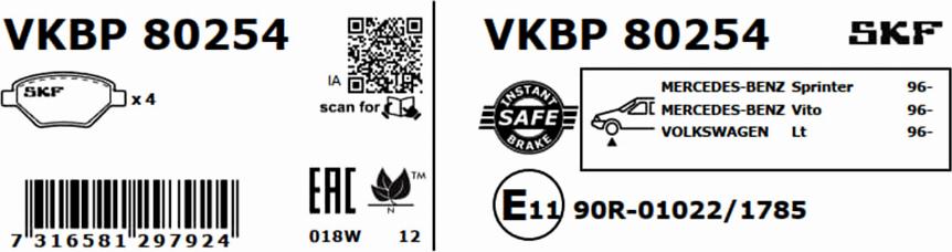 SKF VKBP 80254 - Тормозные колодки, дисковые, комплект autospares.lv