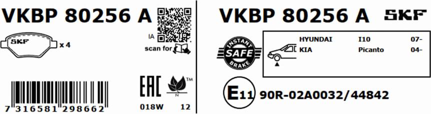 SKF VKBP 80256 A - Тормозные колодки, дисковые, комплект autospares.lv